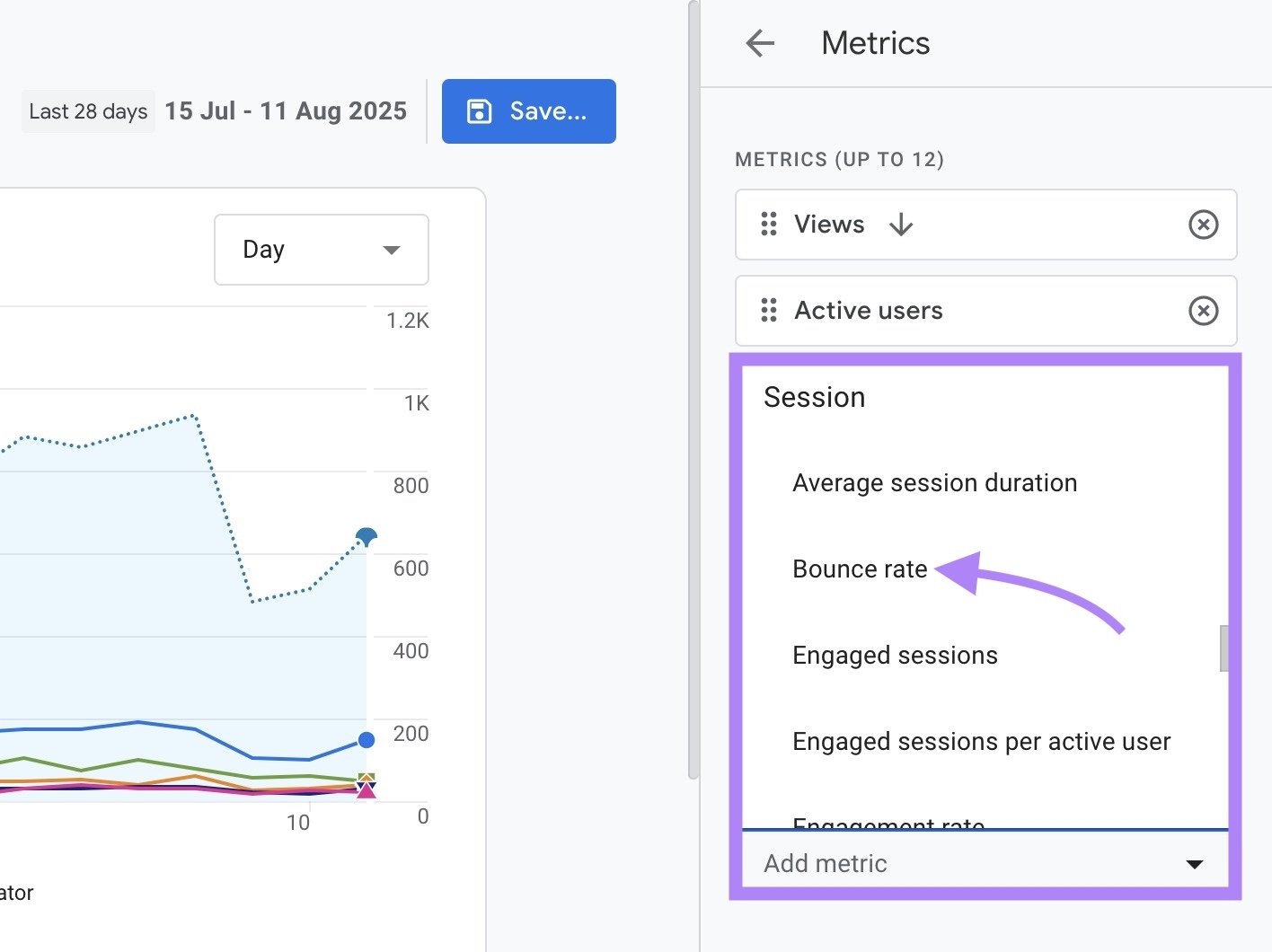 "Bounce rate" clicked from the options on the "Add metric" drop up.