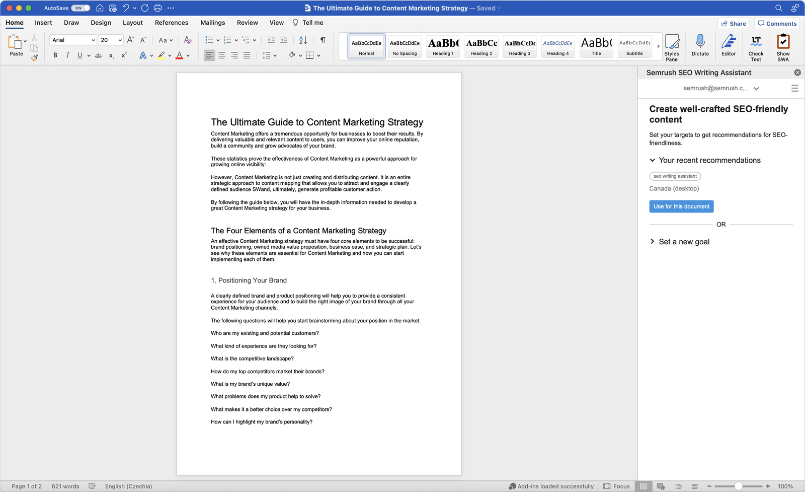 An example of an SEO Writing Assistant add-on in MS Word.