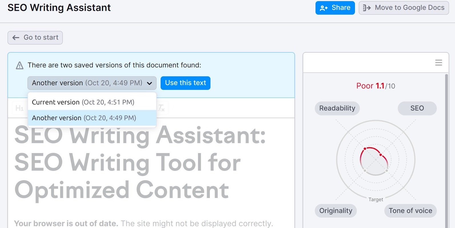 An example of multiple saved versions of a document. The example shows a dropdown list of two different saved versions of the document: current version and another version. Both documents have dates and times next to them.  