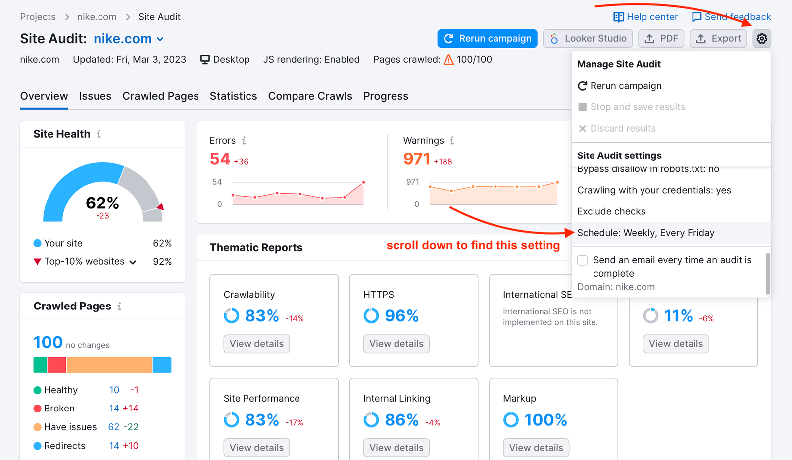 An example of the Site Audit Overview report. A red arrow is pointing at the gear icon in the top right corner. Underneath the icon, a dropdown menu is opened where another red arrow is pointing at the Schedule settings. In this example, schedule is set to Weekly, Every Friday. A text under the second red arrow says: scroll down to find this setting.