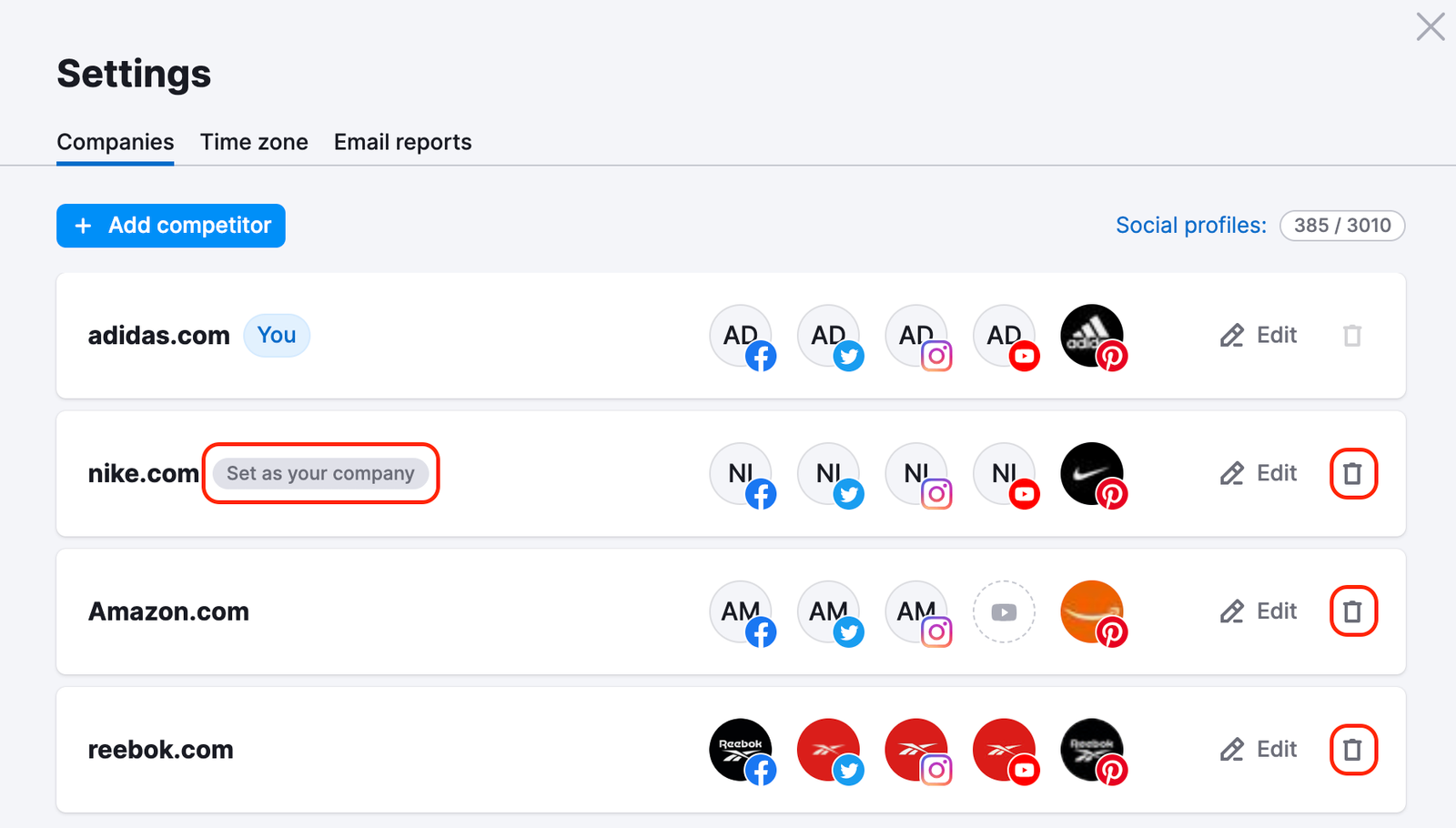 Social Tracker Settings window with red rectangles highlighting the Set as your company button which appears when you hover over the competitor, and the Bin buttons next to each of the competitors. 