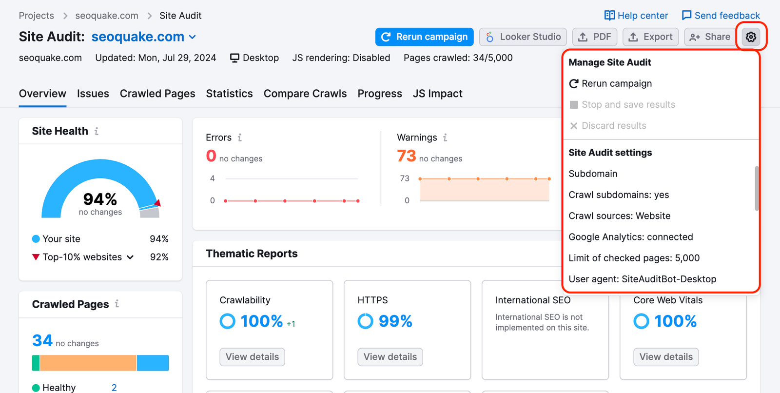 Where to find the settings in Site Audit. 