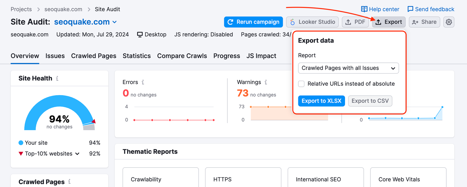 Exporting reports from Site Audit