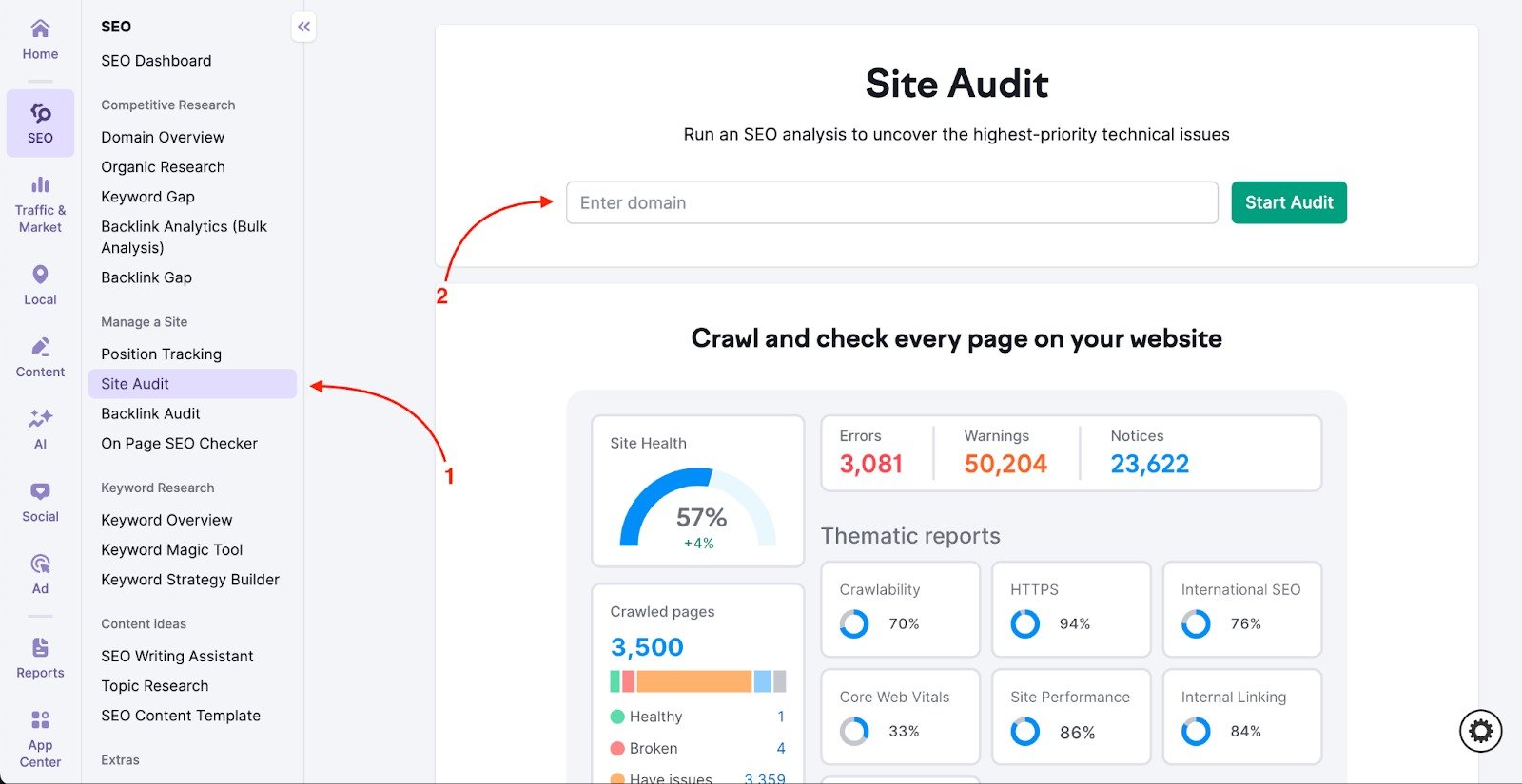 An example of Site Audit starting page that shows up if no projects have been created yet. Two red arrows are present - one is pointing at the name of the tool in the list on the left side to make it easier to find, and the second one is pointing at the search bar, prompting to enter a website and start a new project.