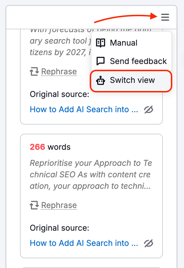 An arrow points to the menu button in the top-right corner of the tool, and the Switch view option is highlighted..