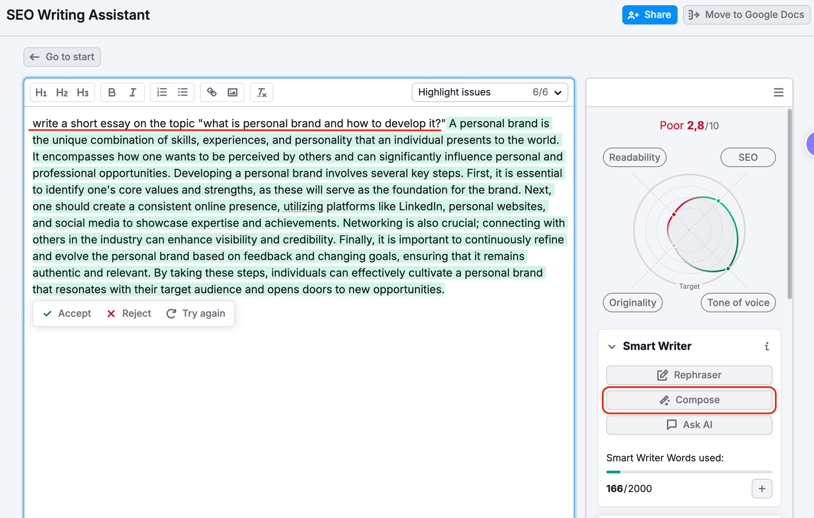Example of the Compose with AI feature.