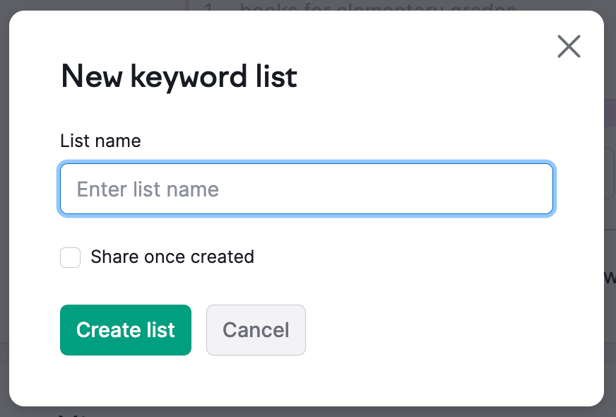 New keyword list creation wizard displaying options to name the list, enable sharing after creation and the button Create list.
