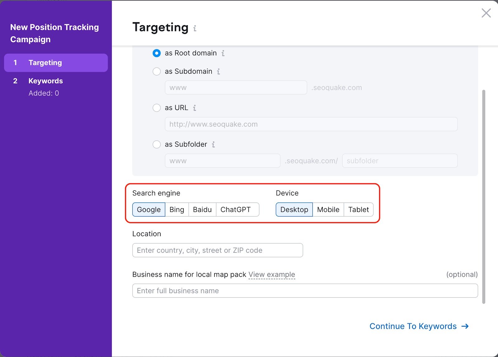 Position Tracking configuration window – Targeting. A red rectangle is highlighting the Search engine and Device buttons.  