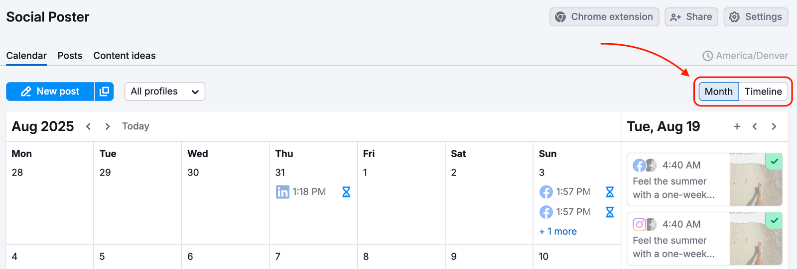 An example of the Social Poster Calendar tab with a red rectangle highlighting the Month/Timeline switcher at the top-right of the table and a red arrow pointing to it. 